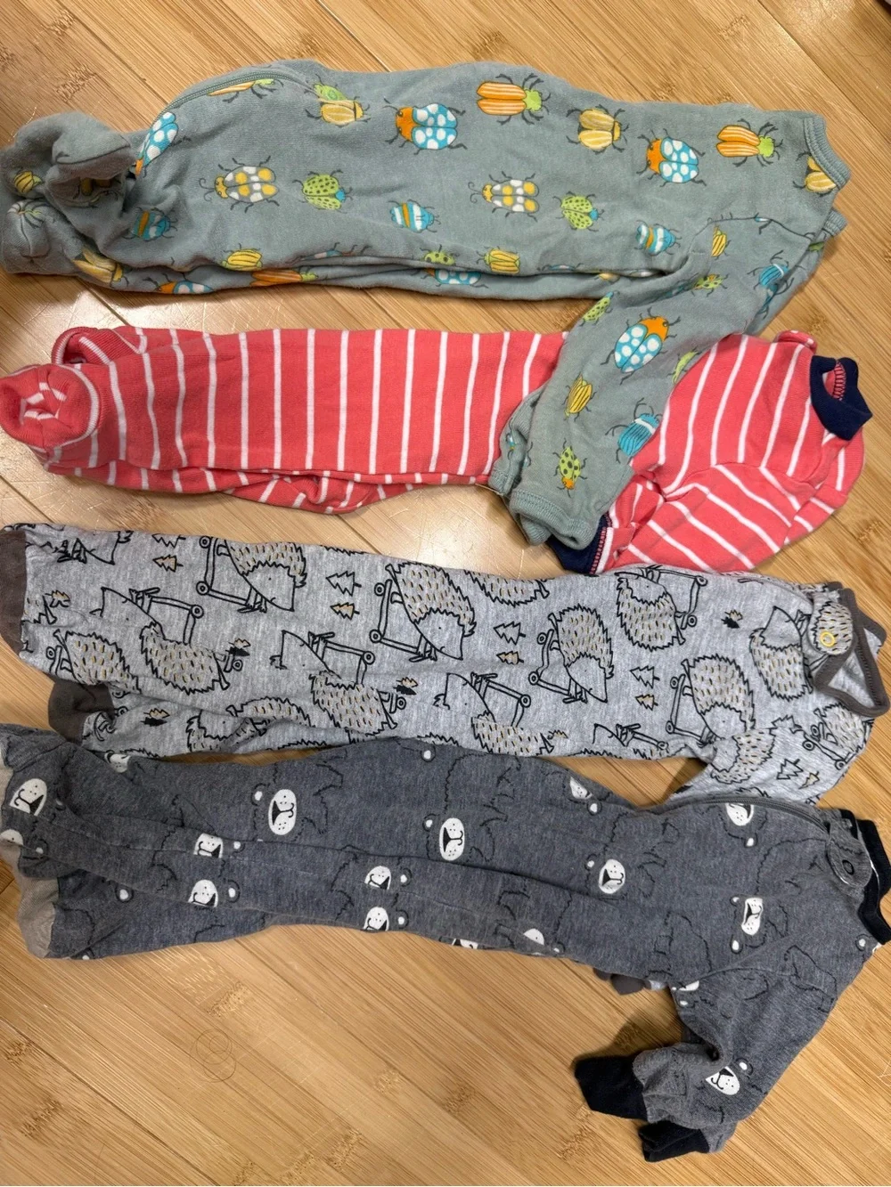 Mixed Baby One-Piece Sleepers - Gray, Coral, Green Prints